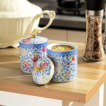 2 Pcs Vintage Chinese Ceramic Porcelain Salt Cellar with Lid Ceramic Salt Holder Container for Coffee, Sugar, Spices and Candies, Airtight Spice Jar, Kitchen Storage Dish (Colorful)