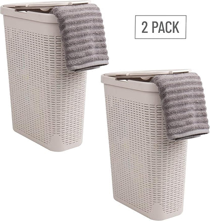Mind Reader Slim Laundry Hamper with Lid, 40L Clothes Basket, Narrow Tapered Design with Ventilated Cutout Pattern, Plastic, Set of 2, Ivory
