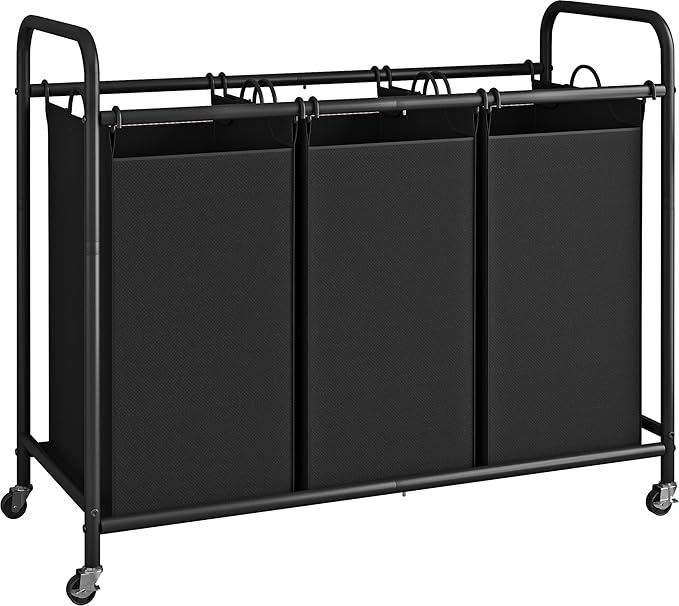LINZINAR 3-Bag Laundry Basket, Black Laundry Hamper, 35.6 Gal(135 L) Laundry Sorter Cart Laundry Room Organization with Heavy Duty Rolling Lockable Wheels and Removable Bags