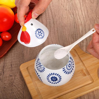 15.8 oz Ceramic Salt Cellar with Lid & Spoon, Large Blue Rooster Design Countertop Storage, Multifunctional Kitchen Jar for Kosher Salt, Pepper, Spices, Herbs, Coffee & More
