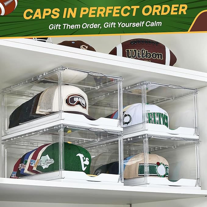 Vtopmart 2 Pack Hat Organizer for Baseball Caps, Clear Hats Holder Box with Drawer, Large Cap Storage with Sliding Tray, Stackable Rack Display Case with Magnetic Door, Each Holds 12 Hats