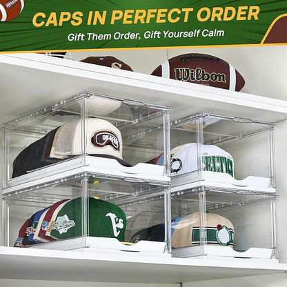 Vtopmart 2 Pack Hat Organizer for Baseball Caps, Clear Hats Holder Box with Drawer, Large Cap Storage with Sliding Tray, Stackable Rack Display Case with Magnetic Door, Each Holds 12 Hats