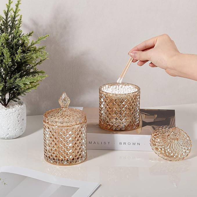 2 Pack Qtip Holder Thick Glass Apothecary Jars with Lid for Bathroom Decor Storage Organizer for Cotton Swabs, Balls, Pads, Floss Picks, Candy, Jewelry, Amber