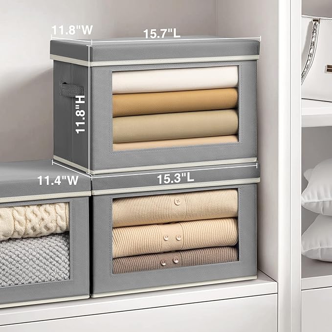 Homsorout Large Storage Bins with Lids - Fabric Storage Cubes with Window, Collapsible Bins for Clothes, 15.7 Inch Large Baskets for Bedroom, Dorm, Office, Grey, 6 Pack