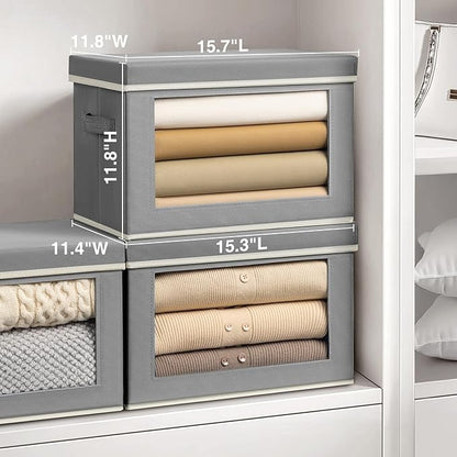 Homsorout Large Storage Bins with Lids - Fabric Storage Cubes with Window, Collapsible Bins for Clothes, 15.7 Inch Large Baskets for Bedroom, Dorm, Office, Grey, 6 Pack