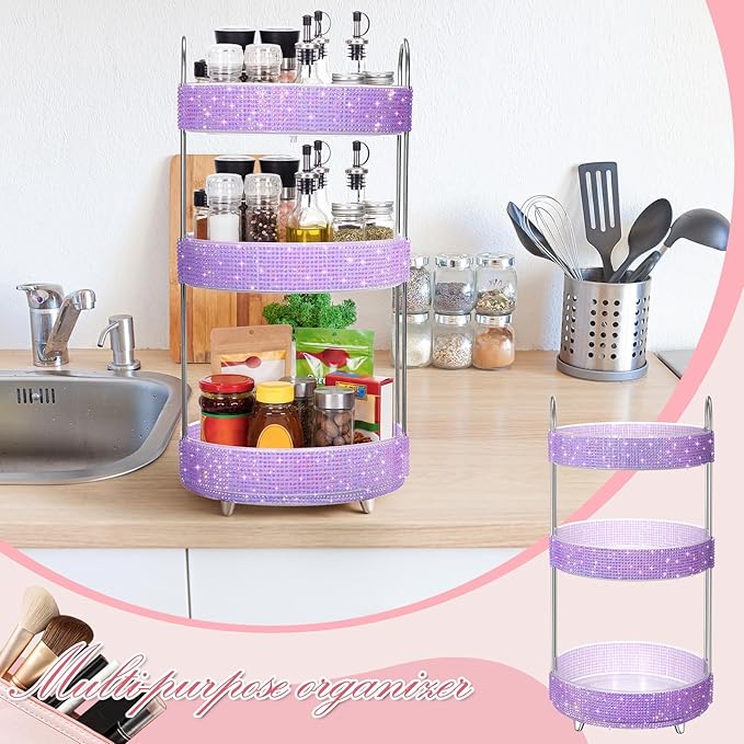 Honeydak 360 Rotating Perfume Organizer for Mother Day Nurse Day Rhinestone Bathroom Counter Organizer Makeup Holder Skincare and Perfume Storage for Cosmetic Countertop(3 Tiers,Resin Stone,Purple)