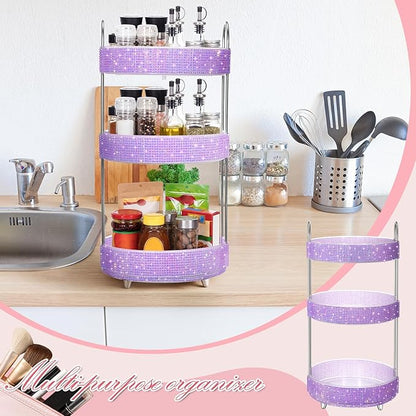 Honeydak 360 Rotating Perfume Organizer for Mother Day Nurse Day Rhinestone Bathroom Counter Organizer Makeup Holder Skincare and Perfume Storage for Cosmetic Countertop(3 Tiers,Resin Stone,Purple)
