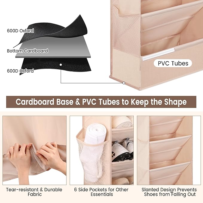 7 Tier Over The Door Shoe Organizer, Hanging Shoe Rack for Closet with Dustproof Mesh Curtain & 6 Side Pockets, Behind The Door Narrow Shoe Holder Hanger for Sneakers, Boots (Beige)