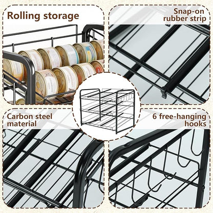 Iron Cat Food Container, Can Organizer for Pantry, Pet Food Storage Containers, 3-Tier Can Stackable Storage Rack with 6 Fixed Hooks, Canned Goods Organizer for Countertop Kitchen Cabinet, Black