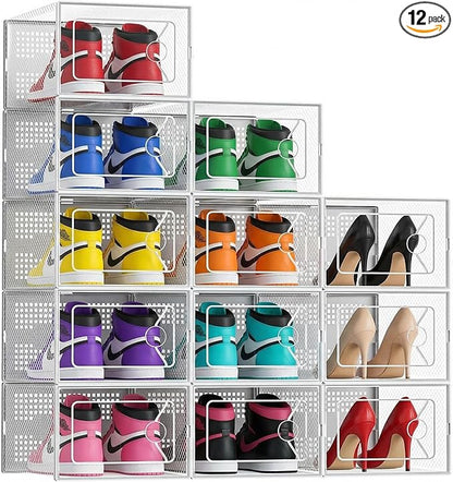 NEWBULIG 12 Pack Clear Shoe Storage Boxes, Stackable Sneaker Storage Case with Lids, Shoe Display Containers Organizer for Closet, Under Bed, Entryway, White