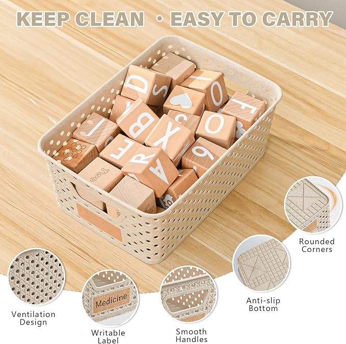 12 Pack Plastic Storage Baskets for Organizing, Storage Baskets for Shelves with Handles, Small Storage Bins with Labels, Organizer Baskets for Cabinet,Closet, Office,Natural