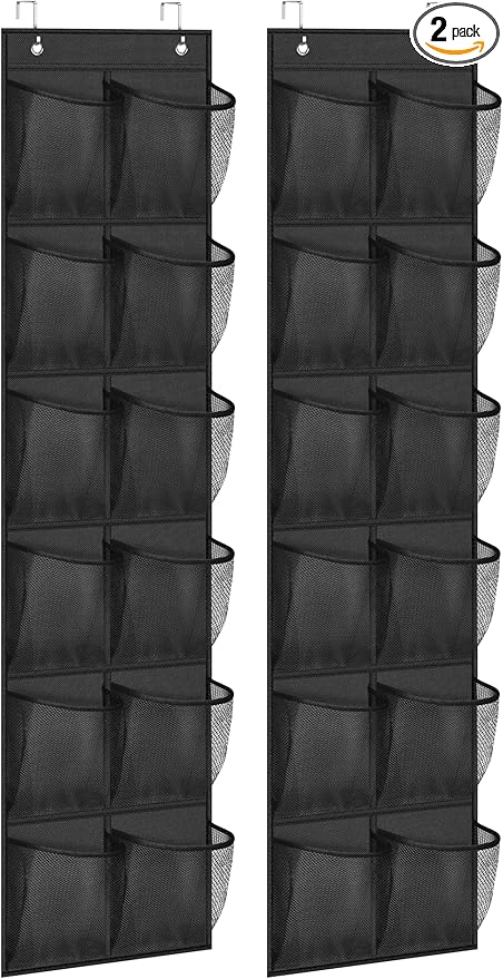 MISSLO Over The Door Shoe Organizer 12 Large Mesh Pockets Hanging Narrow Closet Door, Black, 2 Pack