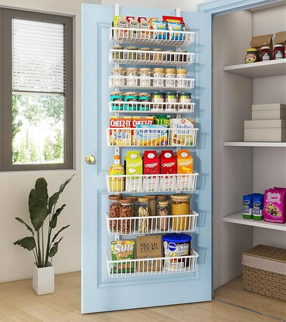 Mefirt Over The Door Pantry Organizer, Pantry Organization and Storage, 8-Tier Deep Baskets Hanging Heavy-Duty Metal, Wall Spice Rack Seasoning Shelves for Home & Kitchen, Laundry Room Bathroom, White