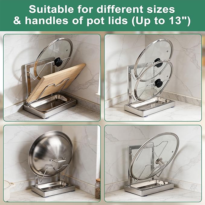 Pot lid holder within reach while cooking: 2-Layer Stainless Steel Pot Lid holder with removable drips collecting tray, Pot Lids Storage Rack, Pot Lids Organizer for various pot sizes and handles.
