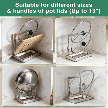 Pot lid holder within reach while cooking: 2-Layer Stainless Steel Pot Lid holder with removable drips collecting tray, Pot Lids Storage Rack, Pot Lids Organizer for various pot sizes and handles.
