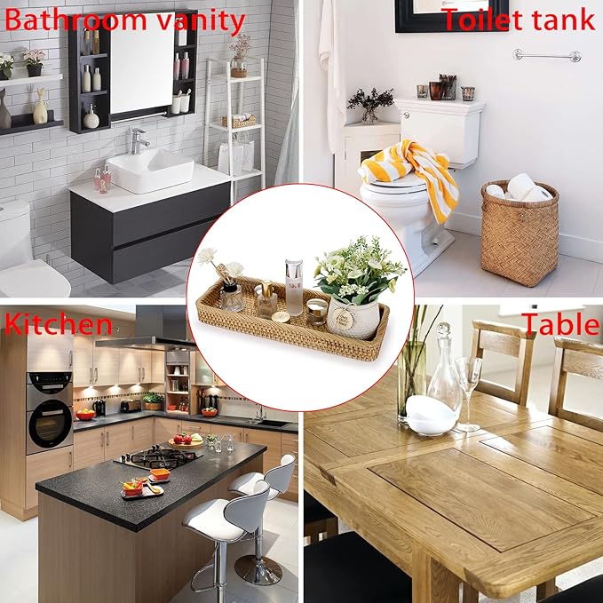 Sumnacon 16 Inch Rattan Bathroom Vanity Tray - Decorative Wicker Toilet Tank Tray for Paper Hand Towel, Vintage Storage Basket Bin for Bathroom Kitchen Toilet Tank Vanity Countertop Table Shelf