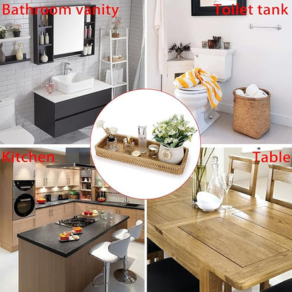 Sumnacon 16 Inch Rattan Bathroom Vanity Tray - Decorative Wicker Toilet Tank Tray for Paper Hand Towel, Vintage Storage Basket Bin for Bathroom Kitchen Toilet Tank Vanity Countertop Table Shelf