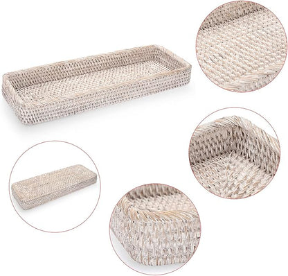 Sumnacon 16 Inch Rattan Bathroom Vanity Tray - Decorative Wicker Toilet Tank Tray for Paper Hand Towel,Vintage Storage Basket Bin for Bathroom Kitchen Toilet Tank Vanity Countertop Table Shelf,White