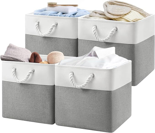 Patvingot 13x13x13 Cube Storage Bins,4 Pack Large Foldable Fabric Storage Cubes with Handles for Organizing Home, Closet, Shelf, Office(White&Gray)