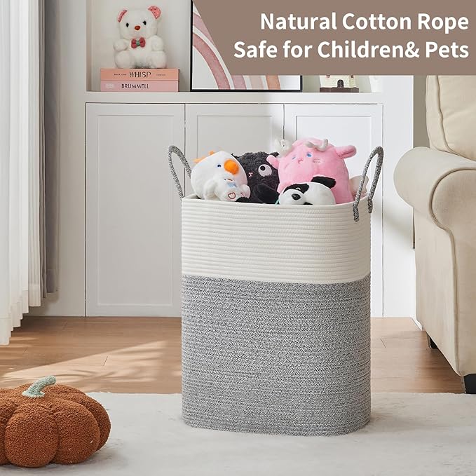 AINUOQI Laundry Basket with Handles - Blanket Basket & Hampers for Bedroom Aesthetic, Laundry Hamper & Blanket Storage for Living Room, Clothes Hamper, Tall, Large 17" x 14" x 24”, White & Grey
