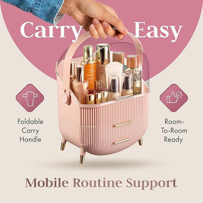 Covered Makeup Cosmetic Countertop - Large Cosmetic Organizer - Trendy Oval Shape Storage for Skin Care Organizer - Clear Lid, Storage Drawers, Carry Handle - Cute Stylish Decor Solution (Pink)