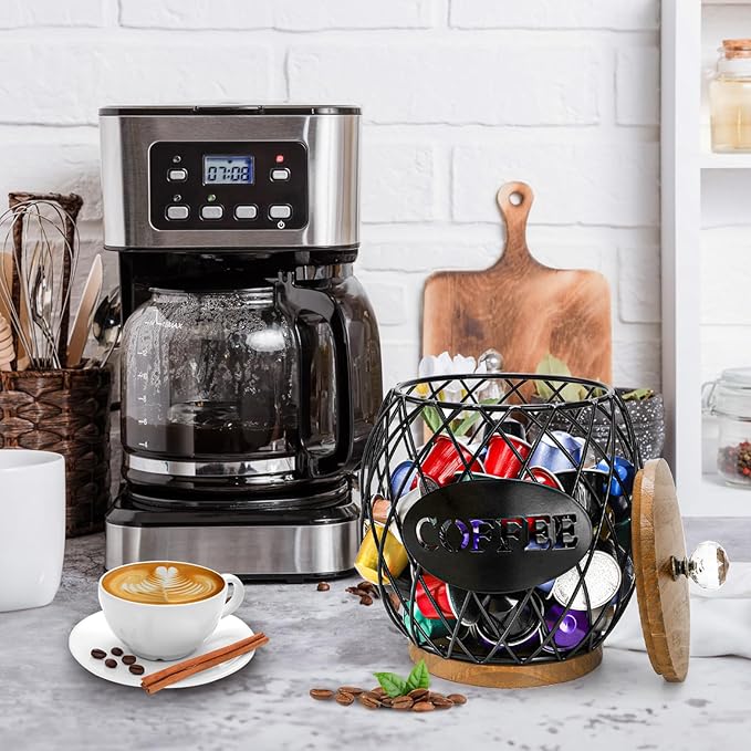 WRINGKIT Coffee Pod Holder with Lid, Large Capacity K Cup Storage Basket, Black Wire Coffee Pod Basket Decor for Countertop, Round Coffees Holder for Keurig Kcups, Espresso Capsules, Christmas Gift