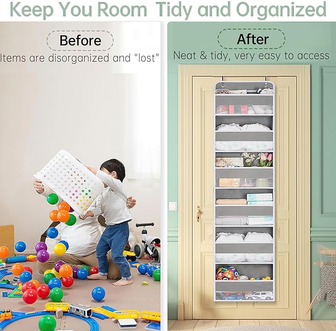 WishJazz Over The Door Organizer 6 Large Pockets, 50 lbs Heavy Duty Hanging Organizer Storage, Behind Door Closet Organizer and Storage for Nursery, Bedroom, Bathroom, Toys Cosmetics Sundries Grey