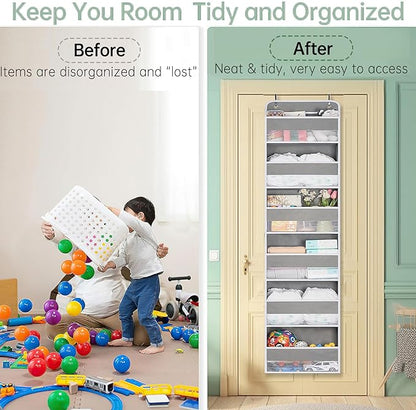 WishJazz Over The Door Organizer 6 Large Pockets, 50 lbs Heavy Duty Hanging Organizer Storage, Behind Door Closet Organizer and Storage for Nursery, Bedroom, Bathroom, Toys Cosmetics Sundries Grey