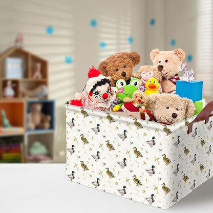Cute Mallard Duck Storage Basket Waterproof Canvas Toy Storage Bin Mallard Duck Room Decor Collapsible Outdoor Basket with Leather Handles Duck Decor Blanket Baskets For Closets,Bedrooms,Gifts Baskets