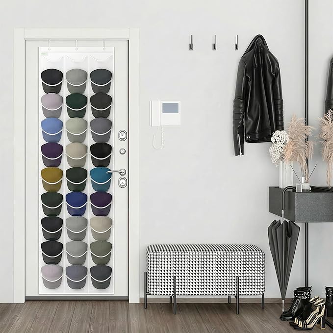 Baseball Hat Rack, 24 Pocket Over-The-Door Hat Organizer with Clear Deep Pockets to Display Baseball Caps Collection, Complete with 3 Over Door Hooks (White, 30 Pockets)