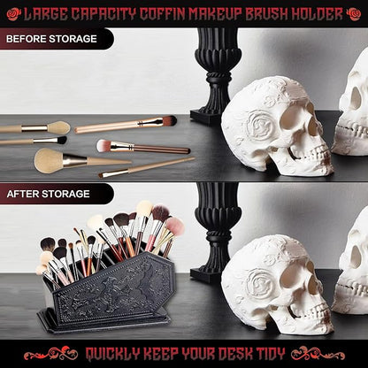 Gothic Coffin Decor Makeup Brush Holder,Spooky Witchy Gifts for Women,Bat Cosmetic Display Cases,Cross Goth Decor Pen Holder, Vanity, Desk, Office Organizer for Christmas Bedroom Bathroom,Black