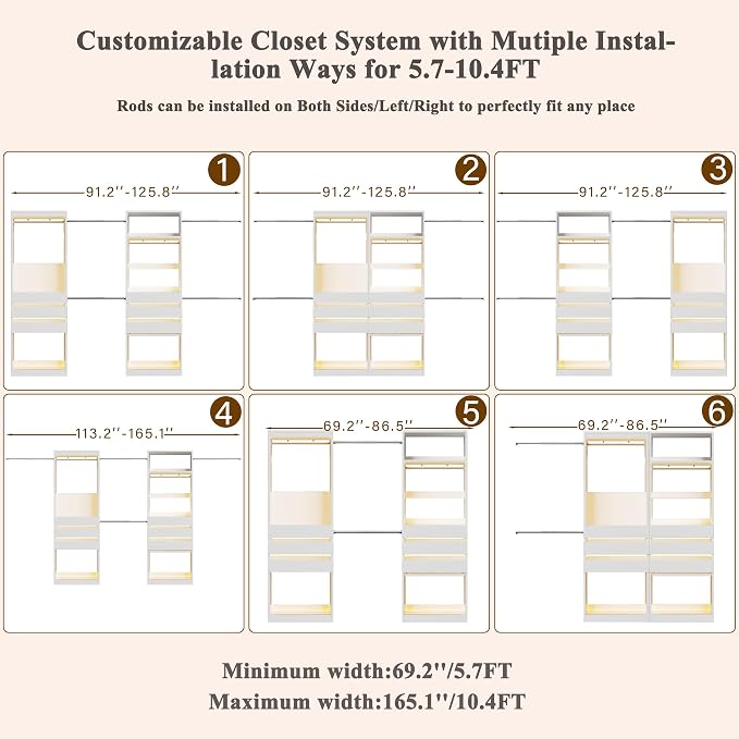 120'' Closet System Set with 6 Hanging Rods & LED Lights, 5.7-10.4FT Closet Organizer System with 6 Wood Drawers & 2 LED Glasstop, Walk-in Closet Organizer Wardrobe Clothes Rack, Garment Rack, White