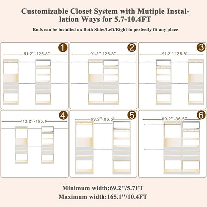 120'' Closet System Set with 6 Hanging Rods & LED Lights, 5.7-10.4FT Closet Organizer System with 6 Wood Drawers & 2 LED Glasstop, Walk-in Closet Organizer Wardrobe Clothes Rack, Garment Rack, White