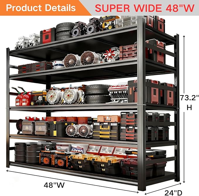 48''W Garage Shelving,3300LBS Heavy Duty Garage Shelving,73.2"H Industrial Shelving,Adjustable Storage Shelf Unit with Double Layer Posts for Garage,Basement,Warehouse,Commercial,Black 5 Tier