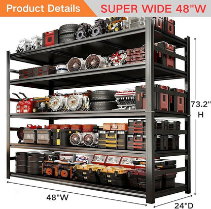 48''W Garage Shelving,3300LBS Heavy Duty Garage Shelving,73.2"H Industrial Shelving,Adjustable Storage Shelf Unit with Double Layer Posts for Garage,Basement,Warehouse,Commercial,Black 5 Tier