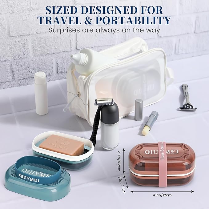 Leakproof Travel Soap Case with Lid | Draining Soap Bar Holder & Dish with Silicone Strap | Includes Mesh Soap Bag | for Shower, Bathroom, Camping, Gym (Blue)