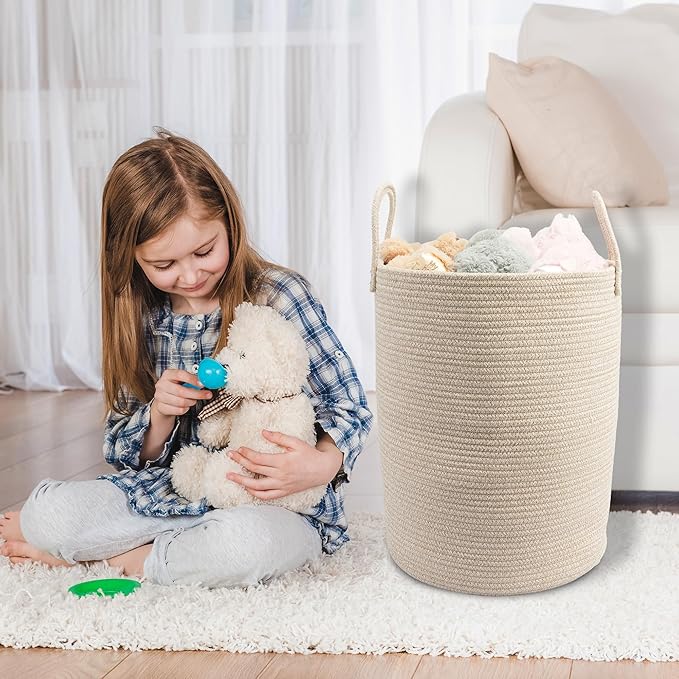 Woven Cotton Rope Laundry basket-15”X20” Laundry Hamper-Rope Storage Basket for Dirty Clothes, Toys and Blankets Perfect for Bathroom, Baby nursery and Living Room Storage (oatmeal)