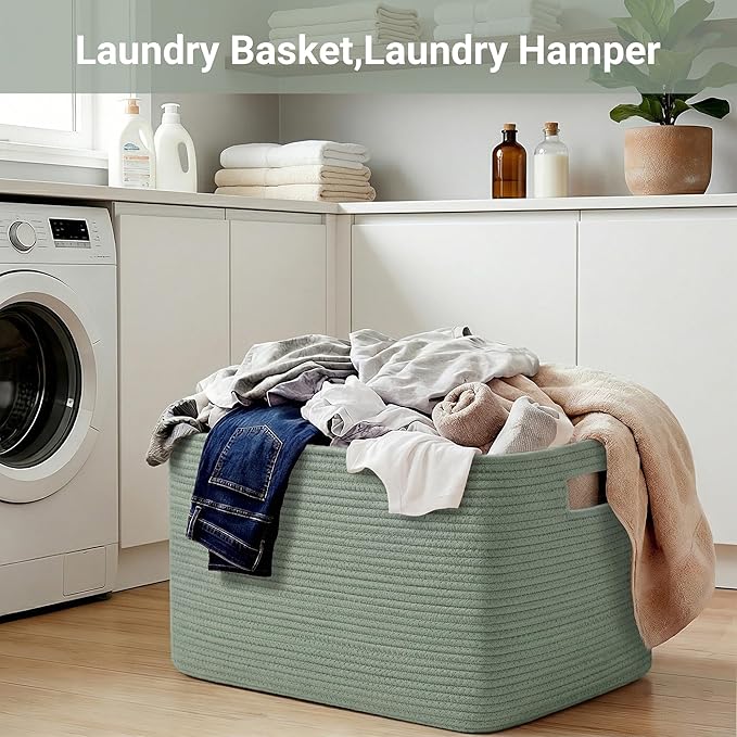 75L Green Cotton Rope Storage Basket, Large Rectangle Laundry Hamper with Handles, 22”x17”x12” Woven Blanket and Toy Basket for Living Room, Bedroom and Nursery