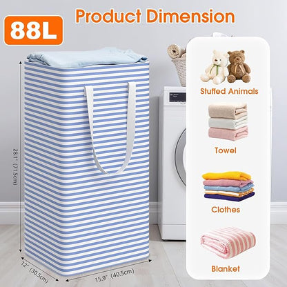 3 Pack Large Laundry Basket,Waterproof & Freestanding Laundry Hamper,Collapsible Clothes Hampers with Easy Carry Long & Reinforced Handles in Bathroom,College Dorm(88Lx3,Blue)