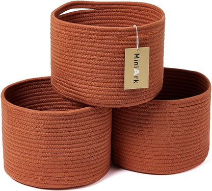MiniArk Small Basket for Organizing | Cube Shelf Closet Storage Baskets | 9.7×9.7×7.1” | Woven Rope Gift Basket | Nursery | Round 3 Packs Oxide Red