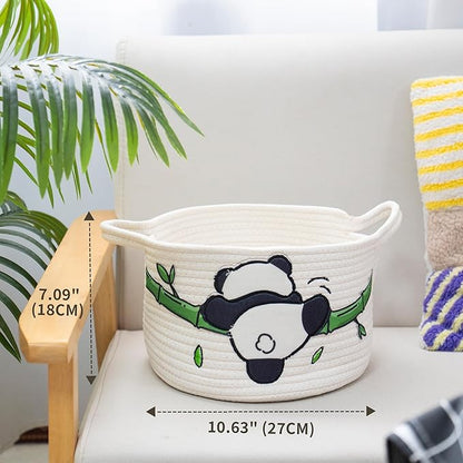 SHCMSADO Cute Panda Cotton Rope Storage Basket – Round Toy Basket with Handles, Delicate and Durable Shelf Organizer for Toys, Clothes, Closet, 10.63 x 7.08 Inches, White