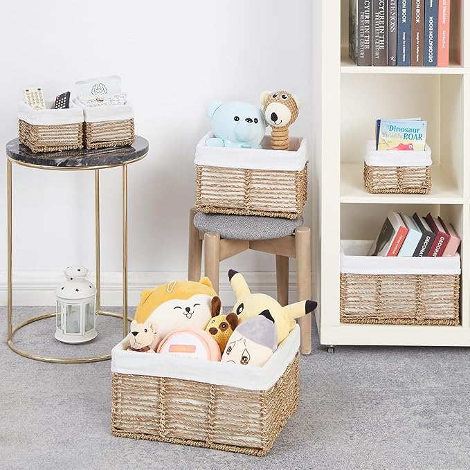 Vagusicc Wicker Storage Basket, 6 Pack Seagrass Baskets for Organizing, Wicker Baskets with Handle, Rectangular Woven Basket for Storage Shelves, Cube Storage Bins for Closet/Clothes/Dresser