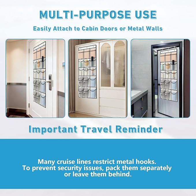 Cruise Magnetic Door Organizer with Hooks, 15 Large Pockets, Strong Anti-Scratch Magnets, Over-the-Door Hanging Storage for Cruise Cabin Essentials, Space Saving Cruise Door Organizer