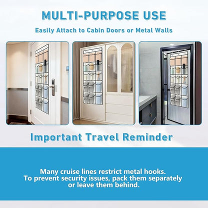 Cruise Magnetic Door Organizer with Hooks, 15 Large Pockets, Strong Anti-Scratch Magnets, Over-the-Door Hanging Storage for Cruise Cabin Essentials, Space Saving Cruise Door Organizer