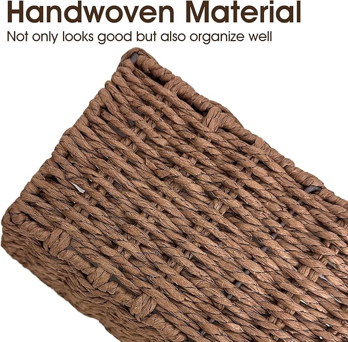 Paper Rope Storage Baskets for Shelves Organizing, Small Hand Woven Wicker Organizer Basket with Handle for Bathroom Toilet Paper Storage, Brown, 3-Pack