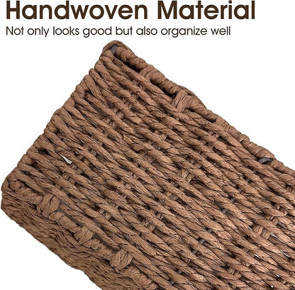 Paper Rope Storage Baskets for Shelves Organizing, Small Hand Woven Wicker Organizer Basket with Handle for Bathroom Toilet Paper Storage, Brown, 3-Pack