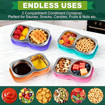 4-Pack Stainless Steel Snack Containers with Lid, Salad Dressing Container To Go, 5.3Oz 2-Compartment Small Condiment Container with Leak Proof Silicone Lid, Perfect Size Reusable Sauce Cup Snack Box