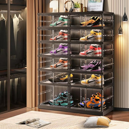 CIMLORD 6-Tier Foldable Shoe Rack for Closet Entryway 12-24Pairs,Stackable Clear Shoe Storage Boxes Organizer with Door Plastic Shoe Cabinet Bins with Lids Shoes Shelf Easy Assembly Large Black