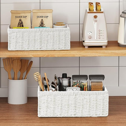 Vagusicc Wicker Storage Basket, Set of 2 Hand-Woven Paper Rope Wicker Baskets for Organizing Decor Storage Bins for Counter Shelves Pantry Basket Small Toilet Paper Basket for Toilet Tank Top, White