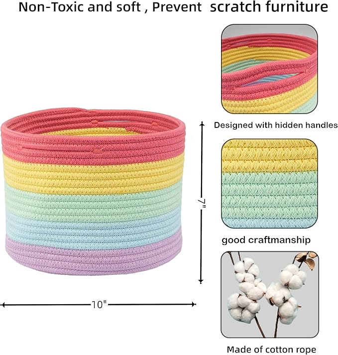 XUANGUO Woven Cotton Rope Storage Baskets - 3-Pack Round Bins for (10x10x7'') Shelves, Closets & Bookcases | Durable Rope Organizers for Nursery, Baby, Gifts, Easter & More (rainbow)